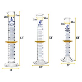 Premium Measuring Cylinder Set - 25ml, 50ml & 100ml - ASTM, Class A - Protective Collars, Hexagonal Base - Blue Graduations - Borosilicate 3.3 Glass - Eisco Labs