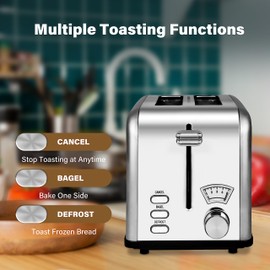 YSSOA 2-Slice Toaster with Extra Wide Slot & Removable Crumb Tray, 5 Browning Setting and 3 Function: Bagel/Defrost/Cancel, Retro Stainless-Steel Style, for Bread & Waffle, Silver