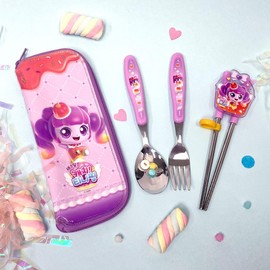Teenieping Character Fork, Spoon, and Chopsticks Flatware Set with Case, Tableware, Training Chopsticks for Beginners with Silicone Rings (Jellyping)