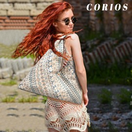 CORIOS Women's Handbag Canvas Clutch Bag Ethnic Style Shoulder Bag Bohemian Tote Bag Summer Beach Bag Vintage Handbag Large Tote Bag for Holiday Travel Beach Shopper, Multicolour L, Bohemian