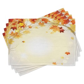 Ambesonne Fall Place Mats Set of 4, Soft Image of Faded Shedding Fall Leaves from Tree Motion in Nature Concept Print, Washable Fabric Placemats for Dining Table, Standard Size, Orange and Yellow
