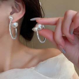 Large Pearl Rhinestone Crystal Hoop Earrings for Women,Gold Silver Cubic Zirconia Statement Hoop Earrings Party Holiday Jewelry Gifts (Silver)