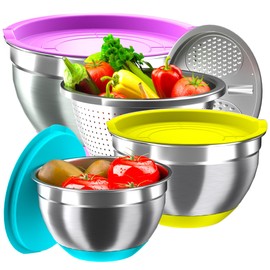 Mixing Bowls with Airtight Lids, Stainless Steel Mixing Bowl Set with 3 Metal Nesting Bowls, Colander & Grater, Non-Slip Bottoms, Size 1.5, 2.5, 6 QT, Great for Mixing & Serving, Mutilcolor