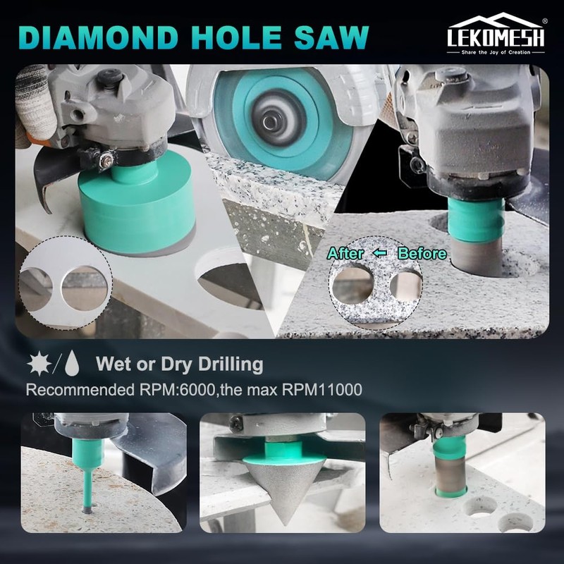 LEKOMESH Tile Hole Saw Kit for Porcelain - (6/8/10/35/50/65mm+Finger Bit+Drilling