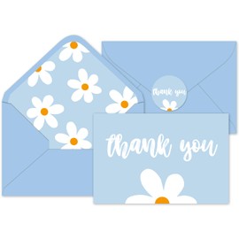 Whaline 24Pcs Daisy Thank You Cards with Envelopes and Stickers Blue White Boho Flower Greeting Cards Blank Note Cards for Birthday Wedding Party Supplies