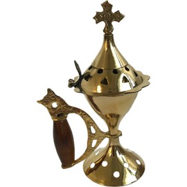 Holy Land Market Heavy Greek Brass Pedestal Incense Burner with Wooden Handle (5.5 Inches)