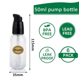 Apstaqeoo 6Pcs 50Ml Empty Lotion Pump Bottle Dispenser for Toiletries TSA Approved Pump Dispenser Leak-proof Plastic Travel Bottles Container with Label & Funnel for Cleaning Shampoo Cosmetic (Clear)
