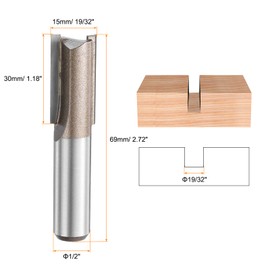 QUARKZMAN Straight Router Bit 1/2-Inch Shank 19/32-Inch Cutting Diameter, 2 Cutting Edges 1.18-Inch Cutting Length YG6 Carbide Router Bit with PTFE Heat Resistance Coating, Woodworking Groove Cutter