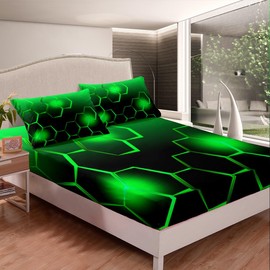 Green and Black Bed Sheets Set King Size Honeycomb Sheet Set for Kids Boys Girls Decor Geometrical Sheets with Deep Pocket Fitted Sheet Microfiber Beehive Bedding Set Bedroom