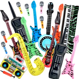 18 Pcs Inflatable Rock Star Instrument Set Include Inflatable Microphone 2 Inflata Guitar 1 Mobile Phone Recorder Piano Saxophone Bass 4 Lute with 1 Pump for 80s 91s Themed Birthday Party Decorations