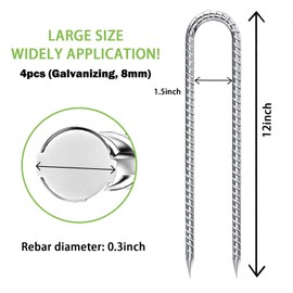 Rebar Stakes 12-Inch, Ground Stakes Heavy Duty U-Hook Galvanized Anti-Rust Ground Anchors for Camping Tent Trampoline Accessories Dog Fence Chicken Coop Deer Fence - 4pcs (Galvanizing, 8mm)