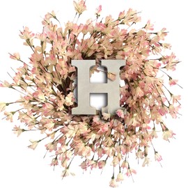 Pink Forsythia Door Wreath with “H”Letter Sign 24 Inch Winter Spring Front Door Wreath Blossom Cluster Flower Farmhouse Wreath on Grapevine for Festival Celebration Front Door Wall Window Home Decor