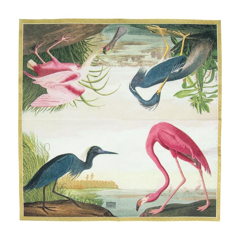 Caspari Audubon Birds and Flamingo Paper Cocktail Napkins, Two Packs