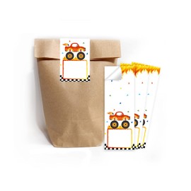 12 Gift Bags (Natural) + 12 Stickers Monster Truck Gift Bags for Party Bags Guest Gift Wrapping for Children's Birthday Boys Birthday