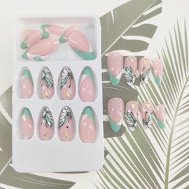 Medium Long Press on Nails Almond False Nails with Butterfly Designs Nude Pink Full Cover Acrylic Nails Artificial Stick on Nails Glossy Fake Nails for Girls 24 Pcs