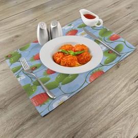 Ambesonne Ladybugs Place Mats Set of 4, Strawberries Daisies and Ladybugs Looks Like Ivy Plant Spotted Insects Image, Washable Fabric Placemats for Dining Table, Standard Size, Green Blue