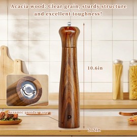 2 Pack Acacia Wooden Salt and Pepper Grinder Set, Manual Salt and Pepper Mills, Salt Grinder Refillable, Pepper mill with Adjustable Coarseness, Salt and Pepper Grinders Shaker Tableware Gifts 10 Inch