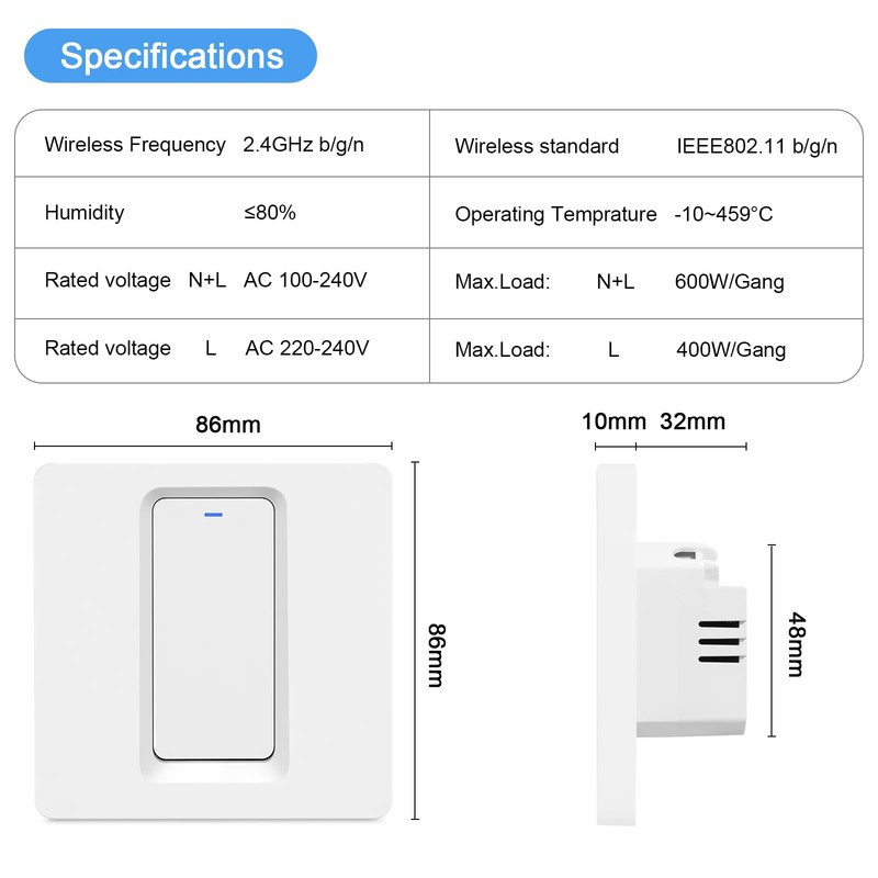 Smart Light Switch Alexa, WiFi Light Switch, Neutral Conductor Required,