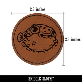 Happy Little Pufferfish Round Iron-On Engraved Faux Leather Patch Applique - 2.5 Inch - Brown