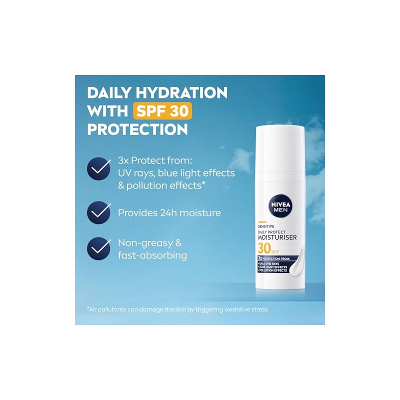 NIVEA MEN Sensitive Daily Protect Moisturiser SPF 30 (50ml), Moisturising