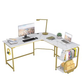 Gezen L Shaped Desk with Storage Shelves, Reversible Corner Computer Desk for Home Office, Modern Spacious Desktop L Gaming Desk Table, White Marble and Gold Frame