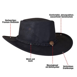 URBAN 5884 Genuine Leather Cowboy Hat, Western Cowboy Hat Made of Cowhide Leather with Adjustable Brim and Chin Strap, black, XXL