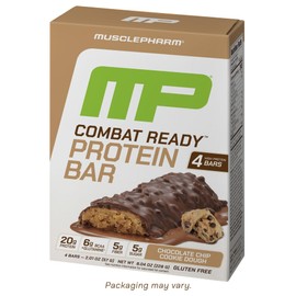 MusclePharm Combat Ready Chocolate Chip Cookie Dough Protein Bar, High Protein Bars, Combat Cravings, Fuel Performance & Meet Energy Demands, 20g Protein from Whey Protein, 5g Fiber, Gluten Free, 4 Bars