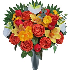 AILVEMEE Artificial Cemetery Flowers with Vase,Grave Flowers Memorial Bouquet, Cemetery Flowers for Grave,Non-Bleed Colors,Easy Use:Orange Rose,Cymbidium,Chrysanthemum,Red Tulip