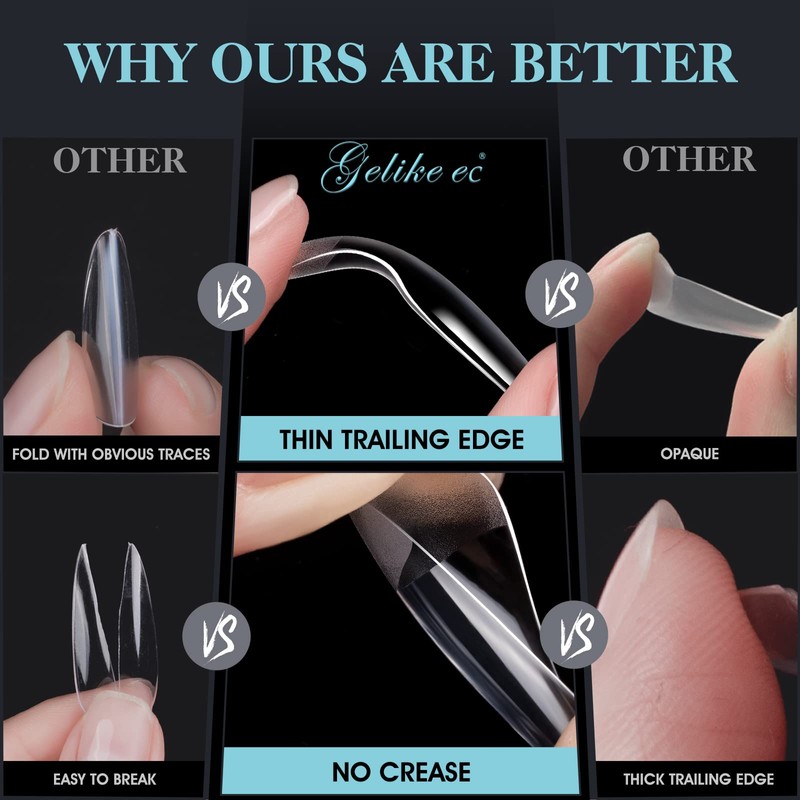 Gelike EC Nail Tips, Pack of 552 Transparent Fake Nails,