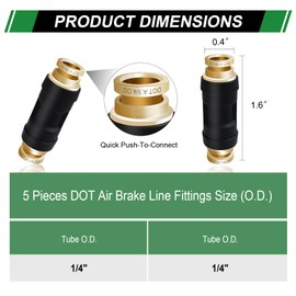 Japtend 1/4" DOT Air Hose Fittings Straight Union 5 PCS, 1/4" Tube OD Brake Connector PTC/PTCR & Brass Quick Connect Hose Fittings for Truck Trailer Systems