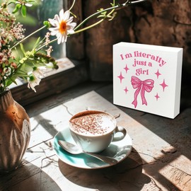 Kneaotoaji Coquette Bow Wooden Sign - Trendy Room Decor, Preppy Coquette Bow Decor, Pink Bow I Am Literally Just a Girl Wooden Box Sign for Shelf Desk Table 5x5 Inch