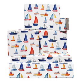 Wrapping Paper Boys - Watercolour Boats - Sailing - 6 Sheets of Gift Wrap for Men, Husband and Boyfriend - Wrapping Paper White - Recyclable - by Central 23