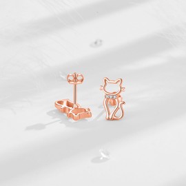INFUSEU Cute Cat Earrings Sterling Silver Stud for Women Teen Teenage Tween Young Kitten Kitty Post Earrings Animal Lover Themed Gifts Items Trendy Stuff Dainty Rose Gold 925