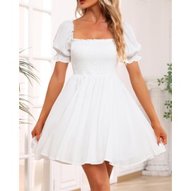 Holipick Women White Square Neck Cute Summer Casual Dresses Graduation Puff Short Sleeve Flowy Sundress Babydoll Short Dress Teen