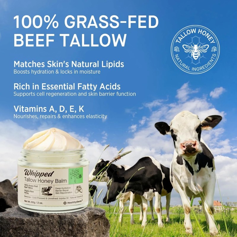 HealthyDerm Beef Tallow Honey Balm for Skin: 100% Grass Fed