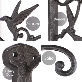 2PCS Plant Hangers Outdoor Plant Hooks for Wall/Fence, Hummingbird Hanging Plant Bracket Heavy Duty Cast Iron Plant Hanger for Lantern/Bird Feeder, Drak Brown