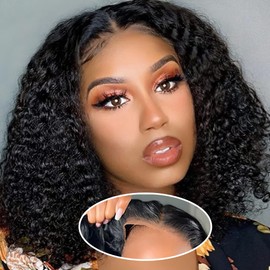 HD Glueless Wigs Human Hair Pre Plucked Pre Cut Bob 4x4, 16 Inch #1B Natural Black 210% Density Hairline Curly Bob Wig Human Hair, Wear and Go Deep Wave Lace Front Wigs for Black Women