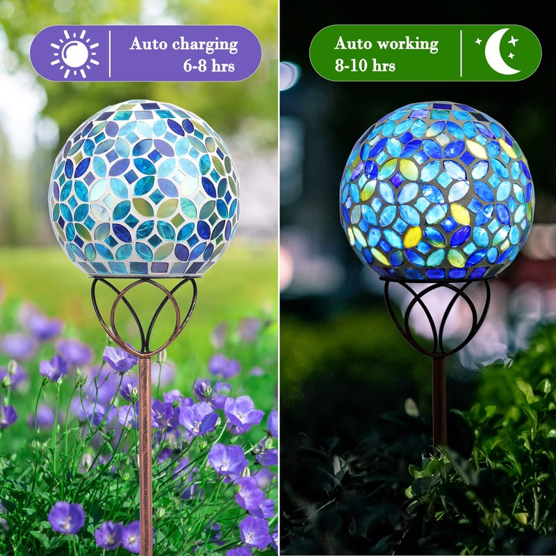 Solar Lights Outdoor Decorative, Solar Gazing Ball Mosaic Garden Stakes