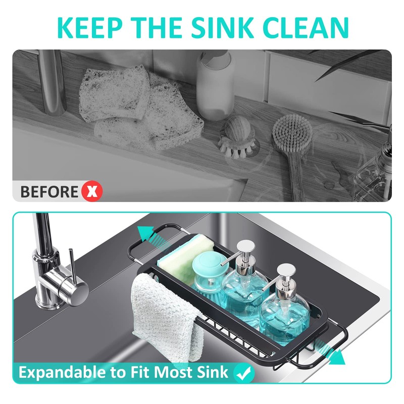 TOOLF Expandable Sink Caddy with Dish Towel Bar, Adjustable Over-The-Sink