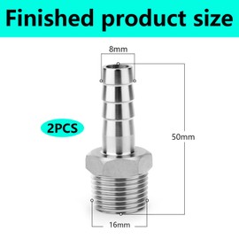 QZKJQDD 2 Pcs Stainless Steel Barb Hose Fitting, 8 MM Barb to 3/8" BSP Male Hose Barb Fittings, Compression Fitting for Water, Industrial
