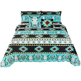 Western Peak 5 Piece Bull Skull Native Tribal Feather Artisan Southwestern Boho Design Quilt Bedding Set with Shams and Decorative Pillows (Black Teal, King)