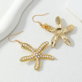 Starfish Conch Earrings for Women, Natural Seashell Boho Beach Jewelry, Dainty Retro Seashell Conch Starfish Dangle Drop Earring,Tropical Vacation Dangle Earrings,Summer Beach Ocean Jewelry (Pearl Starfish)