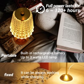 Amingulry Cordless Table Lamp, Rechargeable Battery Operated Lamp, 3 Color Modes & Stepless Dimmable LED Touch Lamp, Portable Crystal Gold Metal Beside Lamps for Bedroom Living Room Restaurant Outdoor