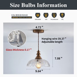 Latinulu 1-Light Pendant Light with Oil Rubbed Bronze Metal Glass Shade and Adjustable Cord Industrial Ceiling Hanging Light for Kitchen Island Bar Dining Room Bedroom Foyer Hallway Farmhouse