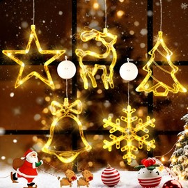 5Pcs Christmas Window Lights Decorations,Lighted Bell-Tree-Reindeer-Snowflake-Star Battery Operated with Suction Cup for Christmas Window Glass Wall Indoor Decorations Muti-Color (Warm White)