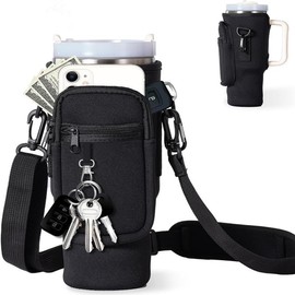 Portable Water Bottle Holder with Adjustable Shoulder Strap, Water Bottle Storage Bag with Mountaineering Buckle, Sports Water Bottle Accessories - Color: Black, Specification: one-size