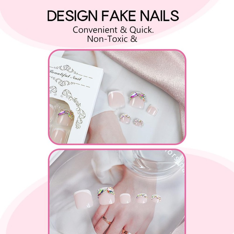 Crystal Diamond French Tip Press on Toenails Sparkling Short Square