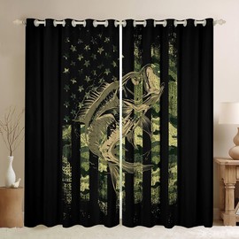 Feelyou Green Black Camouflage Window Curtains Fish Camo American Flag Curtains for Bedroom Men Farmhouse Fishing Decor Blackout Curtains(30-50%) Wild Window Drapes (2 Panels, 42 x 63 Inch)