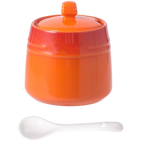 BESTonZON Porcelain Sugar Bowl with Lid Spoon Ceramic Salt Pepper Holder Container Seasoning Coffee Storage Jar Orange