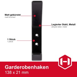 GedoTec Sandra Modern Design Wall Coat Hook Large Coat Hook | 1 Piece Metal Coat Hook Matt Black | Wall Hook for Screwing | Coat Hook Wall Mounting